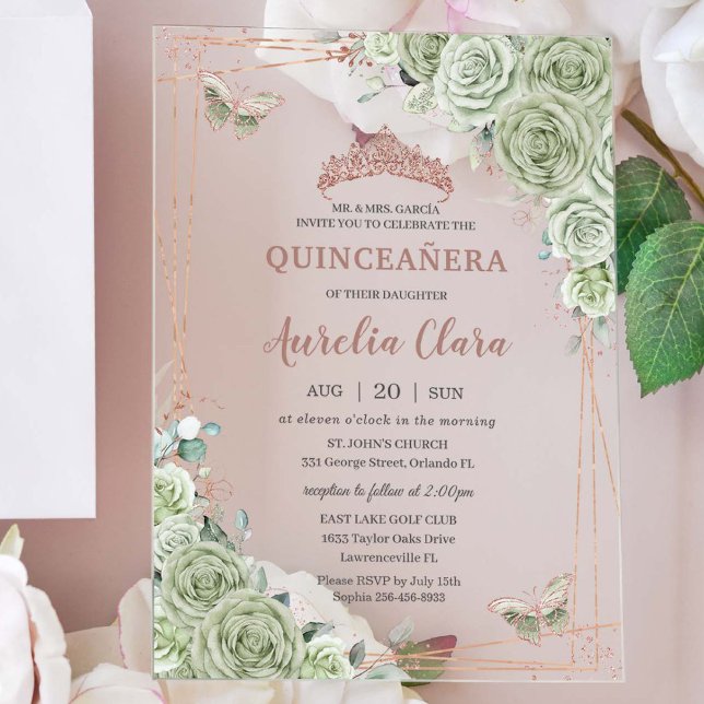 Invitations En Acrylique Sage Green Floral Rose Or Quinceañera Anniversaire (Créateur téléchargé)