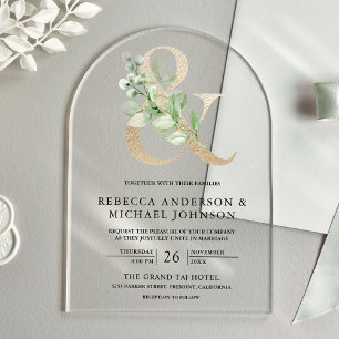 Invitations En Acrylique Sage verdure or ampersand de mariage doré