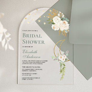 Invitations En Acrylique Sage Vert Ivory Fleurs Lune Shower de Mariage