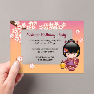 Invitations En Acrylique Sakura Kokeshi Fenêtre transparente Pêche d'annive