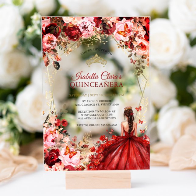 Invitations En Acrylique Scarlet Elegance Gold Enchantée Quinceanera Floral (Créateur téléchargé)