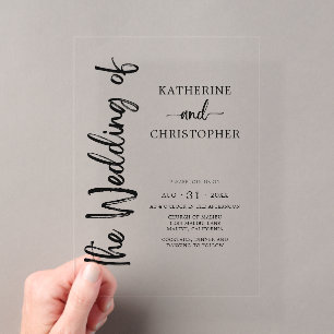 Invitations En Acrylique Script formel noir blanc élégant mariage clair