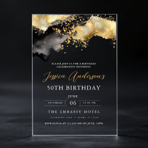 Invitations En Acrylique Script minimaliste noir et or 50e anniversaire