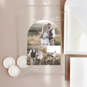 Invitations En Acrylique Script Moderne 3 Photo Mariage Blanc Enregistrer L