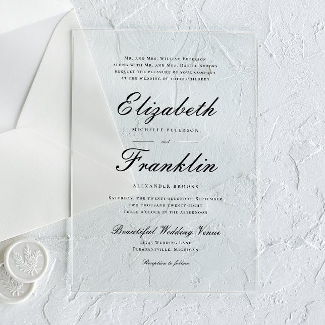 Invitations En Acrylique Script Orné Mariage noir et blanc (Créateur téléchargé)