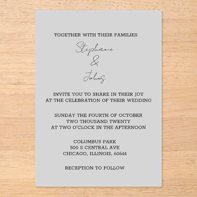 Invitations En Acrylique Script simple gris gris élégant Mariage minimal (Recto)