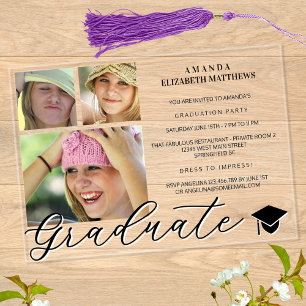 Invitations En Acrylique Script tendance 3 Photo noir et blanc Graduation