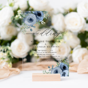Invitations En Acrylique Script Whimsical Floral Dusty Blue Mariage