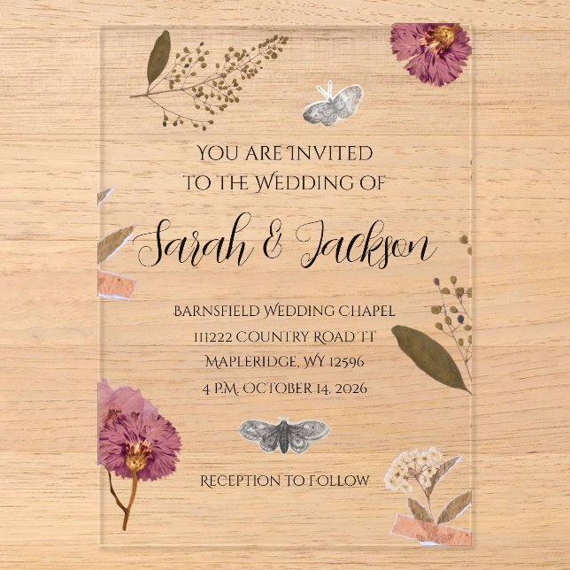 Invitations En Acrylique Shabby Chic Mariage Pressé Fleurs Mariage Invitati (Recto)