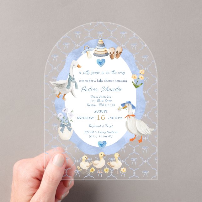 Invitations En Acrylique Silly Goose Whimsical Bow Baby Boy Shower (In situ (ordinateur de poche))