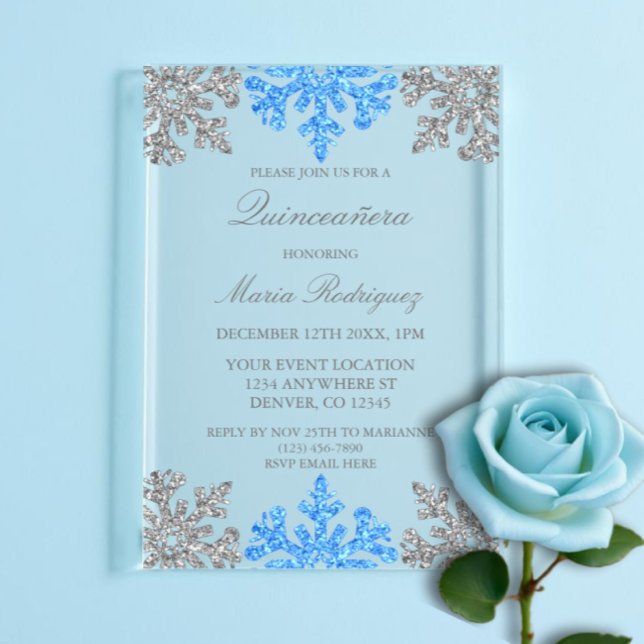 Invitations En Acrylique Silver Blue Snowflake Quinceanera hiver (Créateur téléchargé)