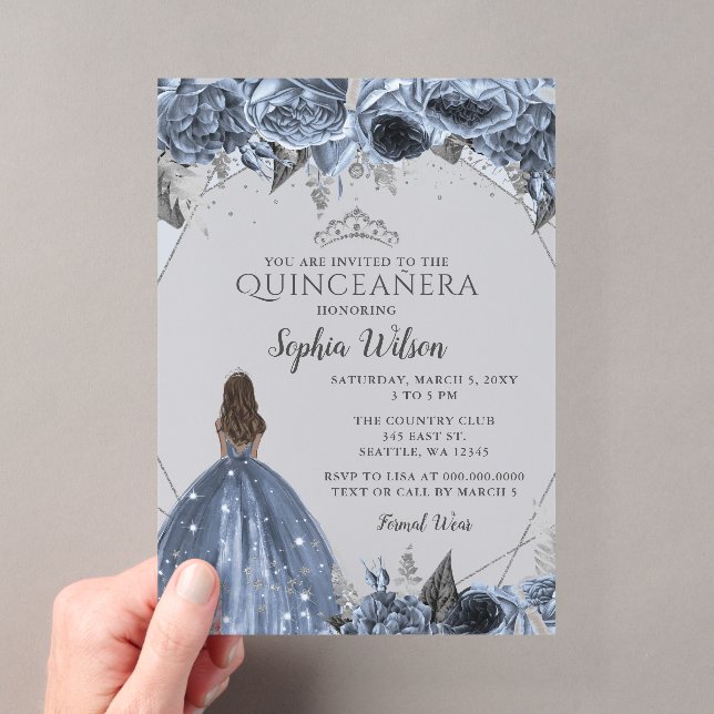 Invitations En Acrylique Silver Dusty Blue Floral Princesse Quinceañera (In situ (ordinateur de poche))