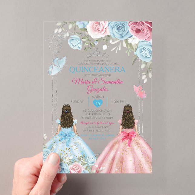 Invitations En Acrylique Silver rose & Pastel Blue Butterfly Quinceañera (In situ (ordinateur de poche))