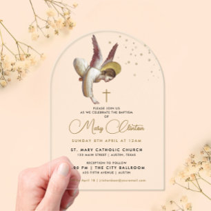 Invitations En Acrylique Simple Élégant Ange Chrétien Religieux Baptême 