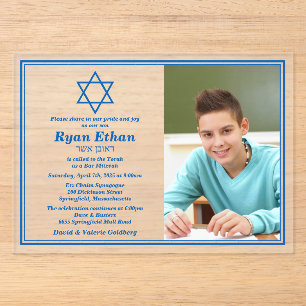 Invitations En Acrylique Simple Étoile de David bleue Photo Bar Mitzvah