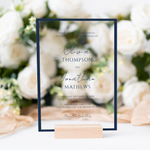 Invitations En Acrylique Simple mariage bleu marine bordure blanc script