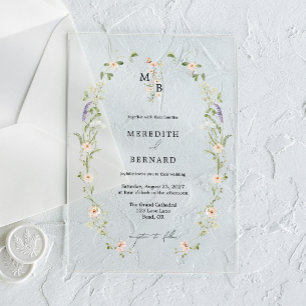 Invitations En Acrylique Simple Mariage Monogramme Fleur des Champs Rustiqu