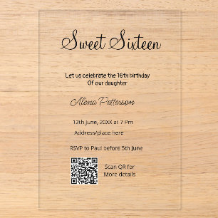 Invitations En Acrylique Simple minimum moderne Sweet sixteen QR anniversai