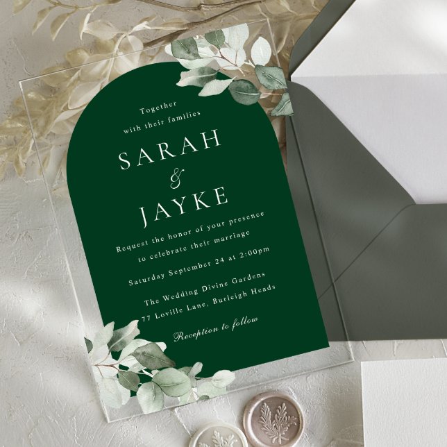 Invitations En Acrylique Simple Modern Leaf Emerald Green Wedding (Créateur téléchargé)