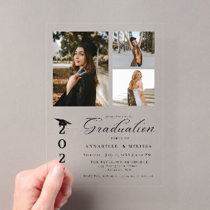 Invitations En Acrylique Simple Moderne Calligraphie Photo Twin Graduation