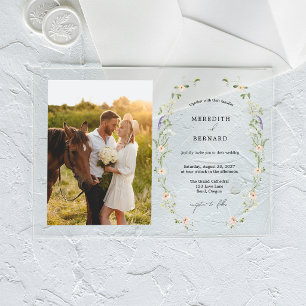 Invitations En Acrylique Simple Photo de Mariage Horizontal aux Fleurs Sauv