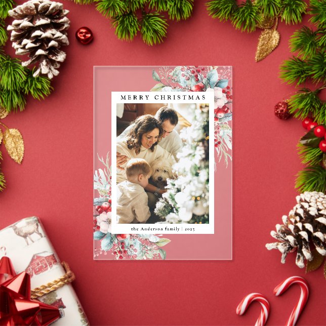 Invitations En Acrylique Simple Red Holly Berries Merry Christmas Card (Insitu (vacances))