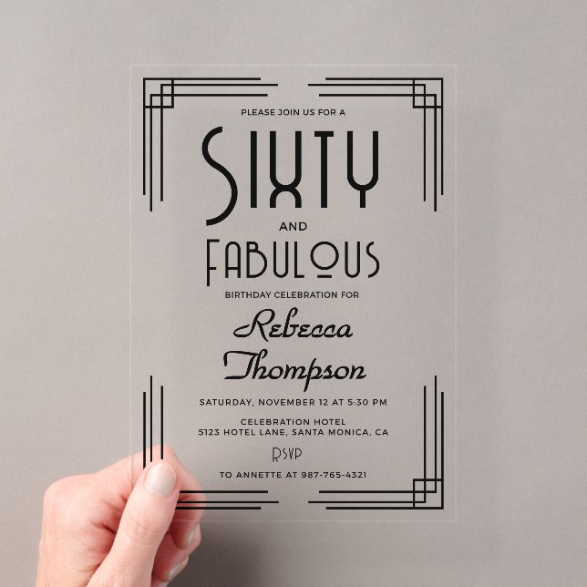Invitations En Acrylique Sixty Fabulous Black White Art Deco 60th Birthday (In situ (ordinateur de poche))