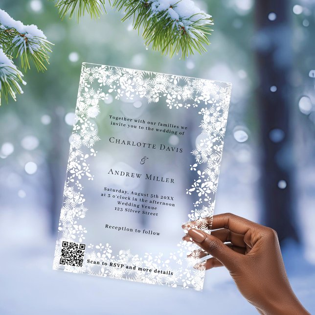 Invitations En Acrylique Snowflakes hiver QR code RSVP clair mariage (Créateur téléchargé)