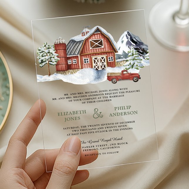 Invitations En Acrylique Snowy Red Barn Winter Christmas Wedding (Créateur téléchargé)