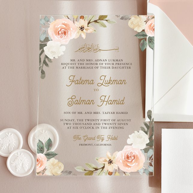 Invitations En Acrylique Soft Pastel Peach Floral Islamic Muslim Wedding (Créateur téléchargé)