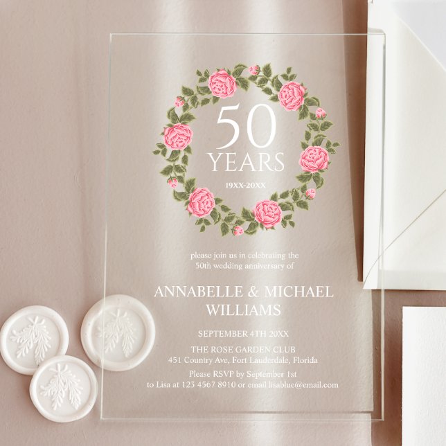 Invitations En Acrylique SOFT ROSE GARLAND 50e ANNIVERSAIRE GOLDEN Mariage (Créateur téléchargé)