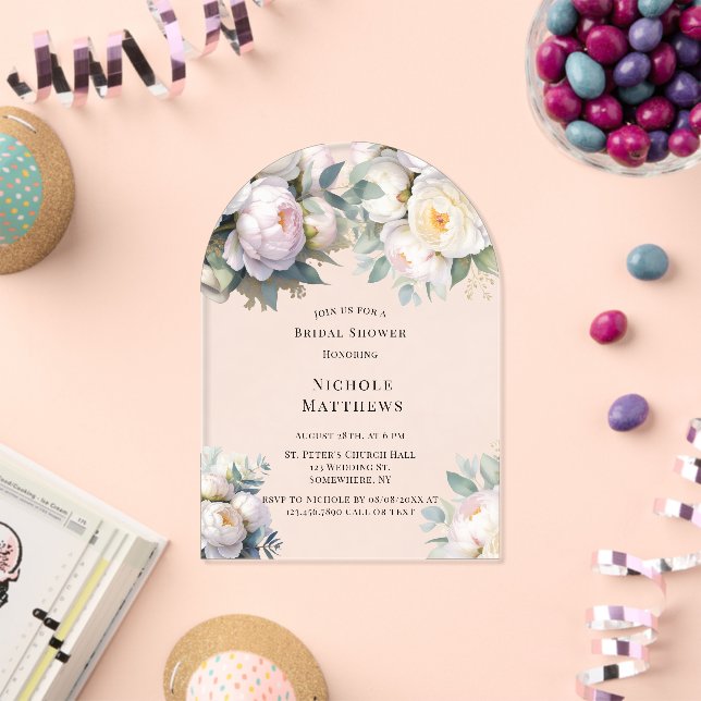 Invitations En Acrylique Soft White Peony with Eucalyptus Bachelorette (Insitu (Célébration))