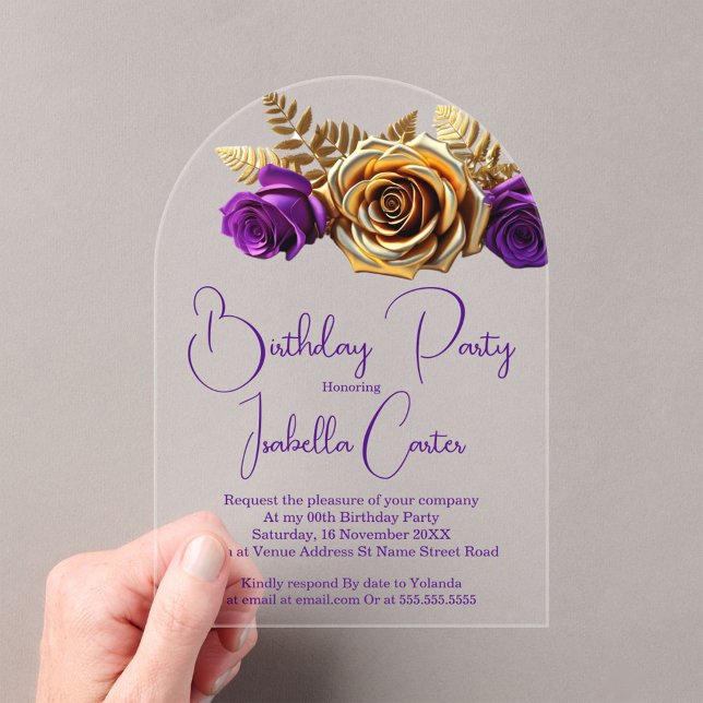 Invitations En Acrylique Soirée d'anniversaire Purple Gold Flowers (Créateur téléchargé)