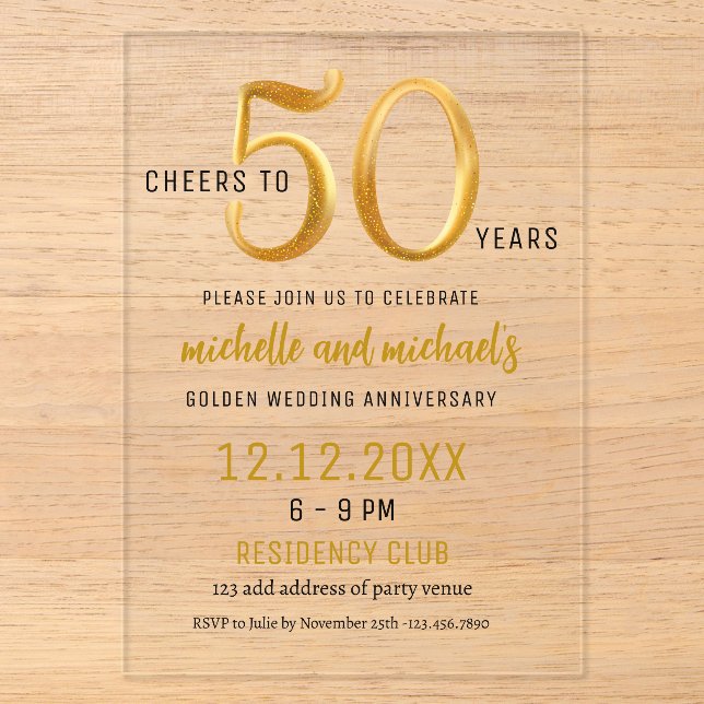 Invitations En Acrylique Soirée De 50 Ans D'Or (Recto)