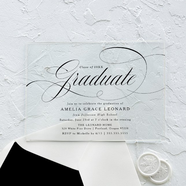 Invitations En Acrylique Soirée de graduation de script noir élégant (Créateur téléchargé)