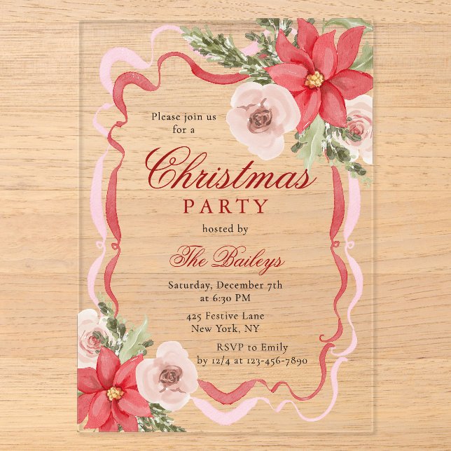Invitations En Acrylique Soirée de Noël Florale Coquette (Recto)