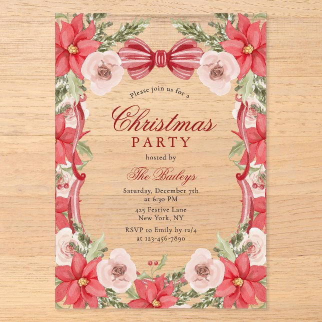 Invitations En Acrylique Soirée de Noël Florale Coquette (Recto)