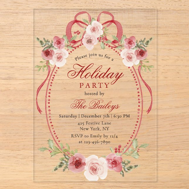 Invitations En Acrylique Soirée de Noël Florale Coquette (Recto)