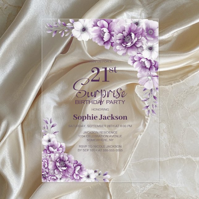 Invitations En Acrylique Soirée florale rose stylée Surprise 21e anniversai (Créateur téléchargé)