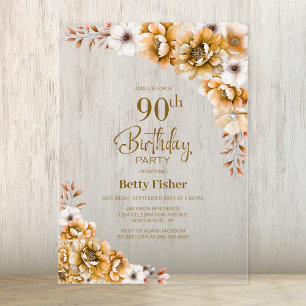Invitations En Acrylique Soirée Orange Floral élégant 90e anniversaire