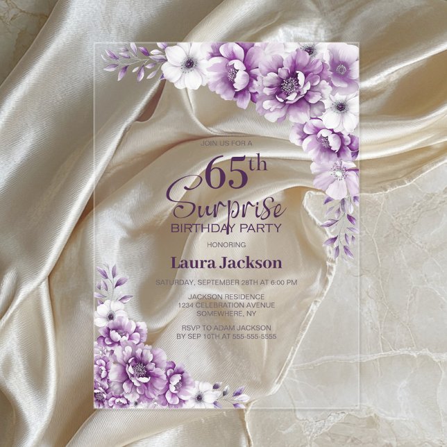 Invitations En Acrylique Soirée stylish Rose Floral Surprise 65e anniversai (Créateur téléchargé)