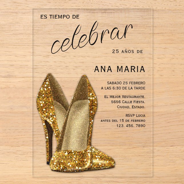 Invitations En Acrylique Sophisticated Gold Spanish Feminine Birthday  (Recto)
