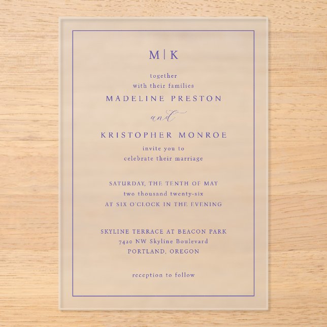 Invitations En Acrylique Sophisticated Navy Initials (Recto)