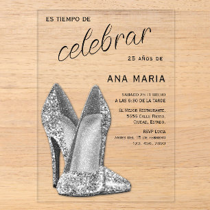 Invitations En Acrylique Sophistiqué Argent Anniversaire Féminin Espagnol
