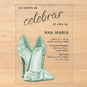 Invitations En Acrylique Sophistiqué Vert Féminin Anniversaire Espagnol