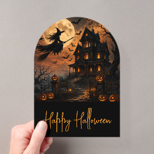 Invitations En Acrylique Sorcière effrayante d'Halloween volant au-dessus d