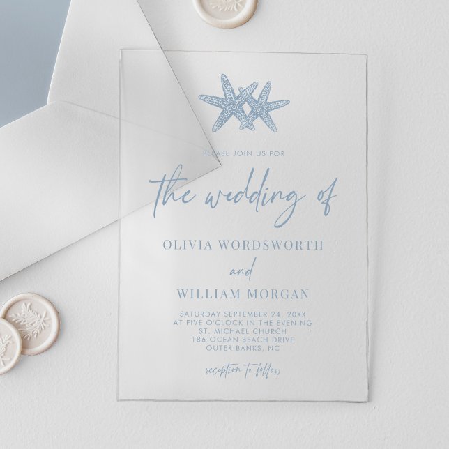 Invitations En Acrylique Starfish Beach Script Dusty Mariage bleu (Créateur téléchargé)