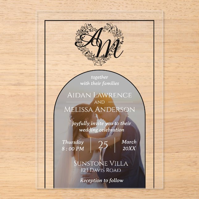 Invitations En Acrylique Style Arch moderne Mariage photo Monogramme (Recto)