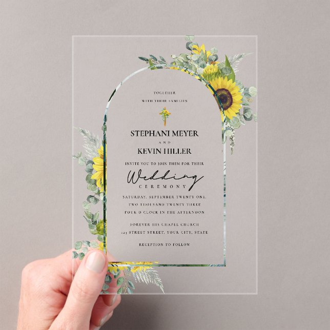 Invitations En Acrylique Sunflowers & Eucalyptus Cross Mariage (In situ (ordinateur de poche))