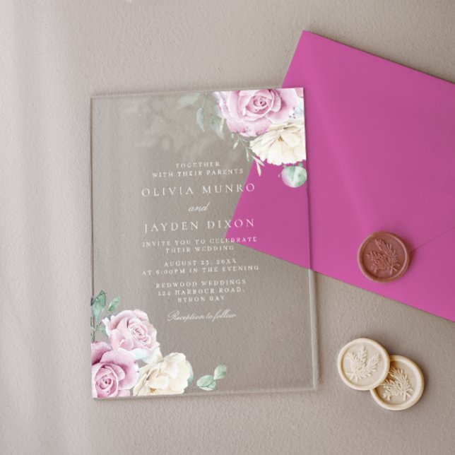 Invitations En Acrylique Superbe Botanique Blanc & Blush Floral Mariage (Créateur téléchargé)